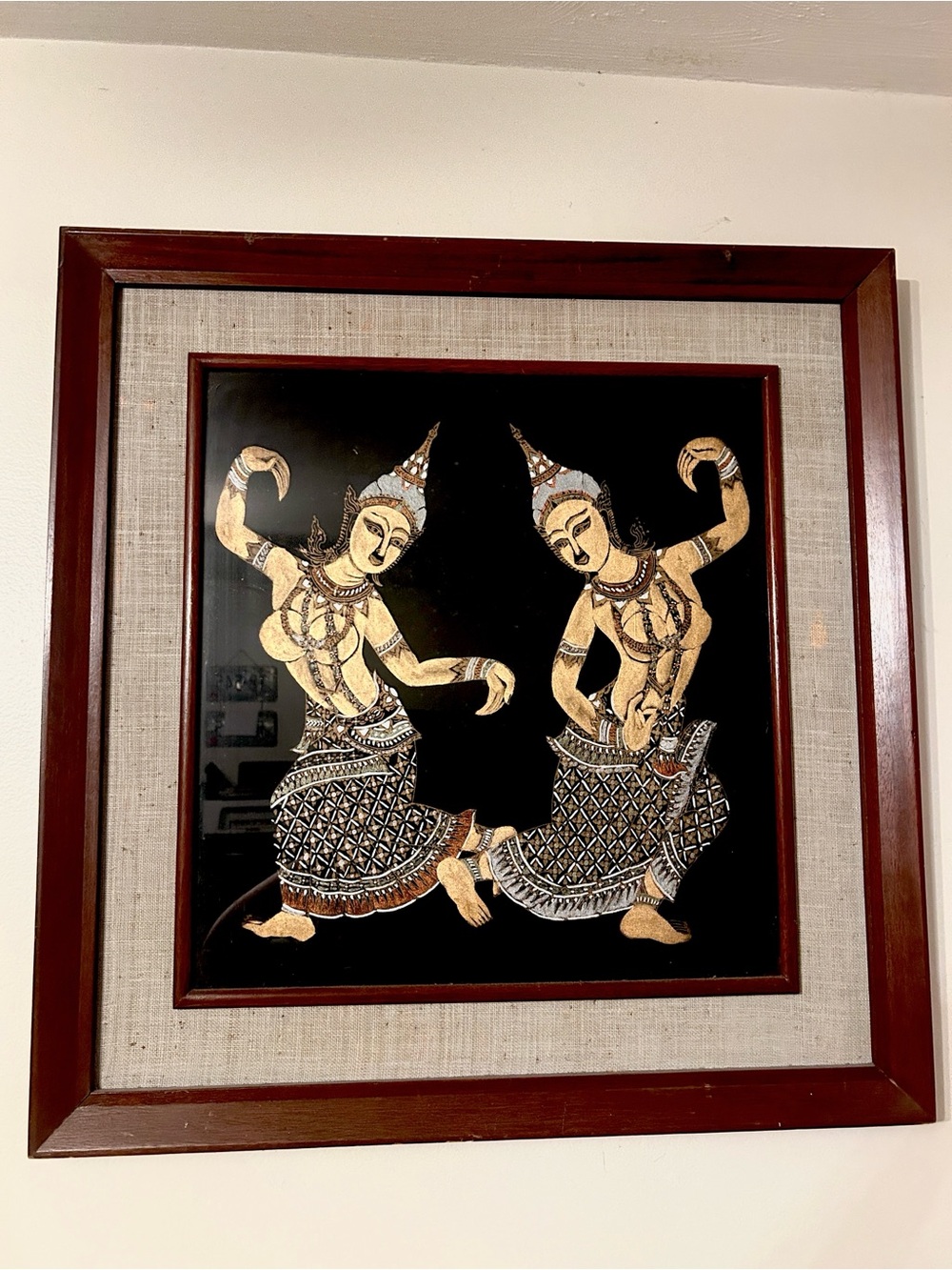 🌕Vintage Gold Thai Silk Dancer Wall Art in Wood Frame
